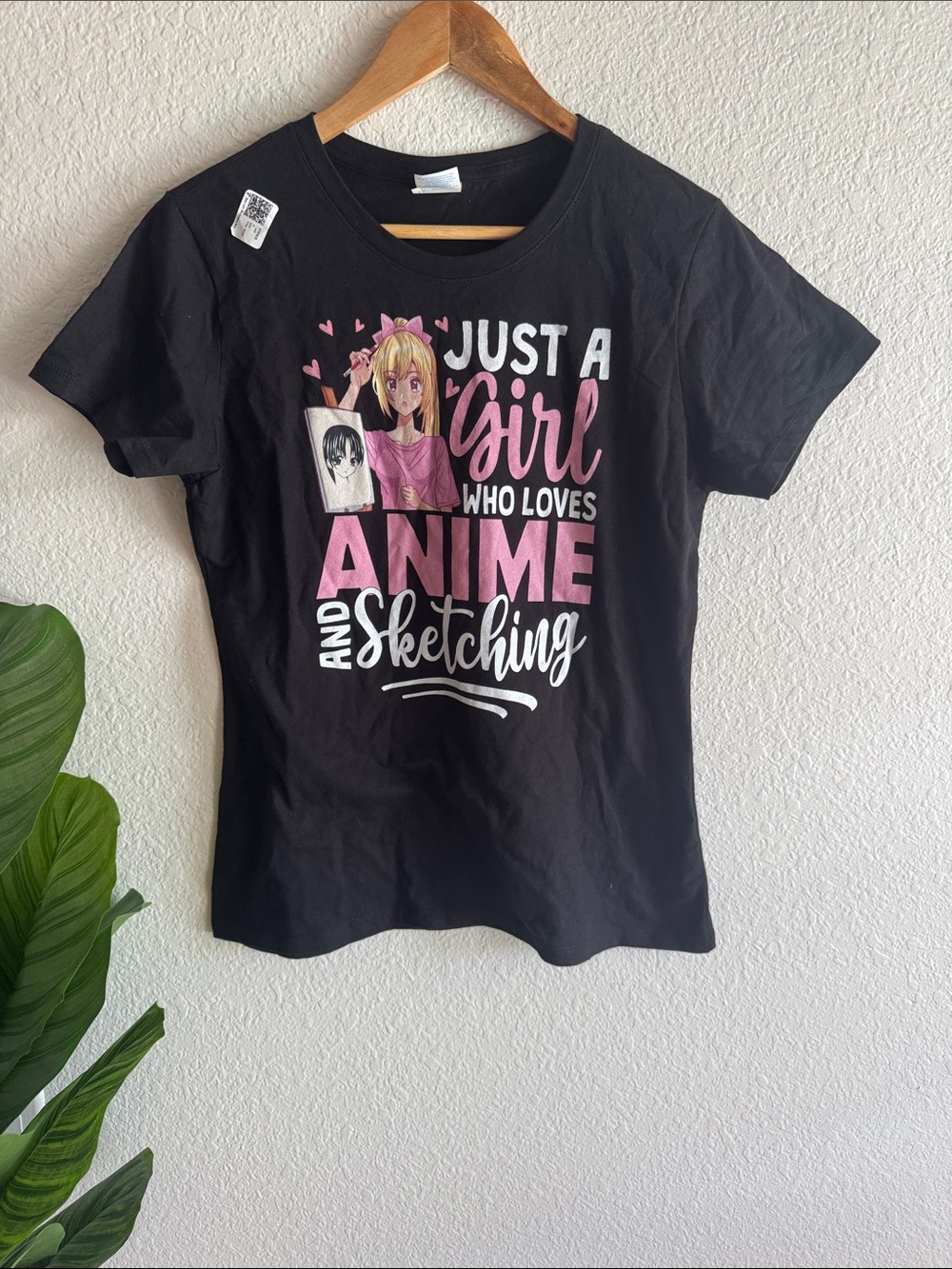Port and Company Black Tee with Pink & White Anime Graphic